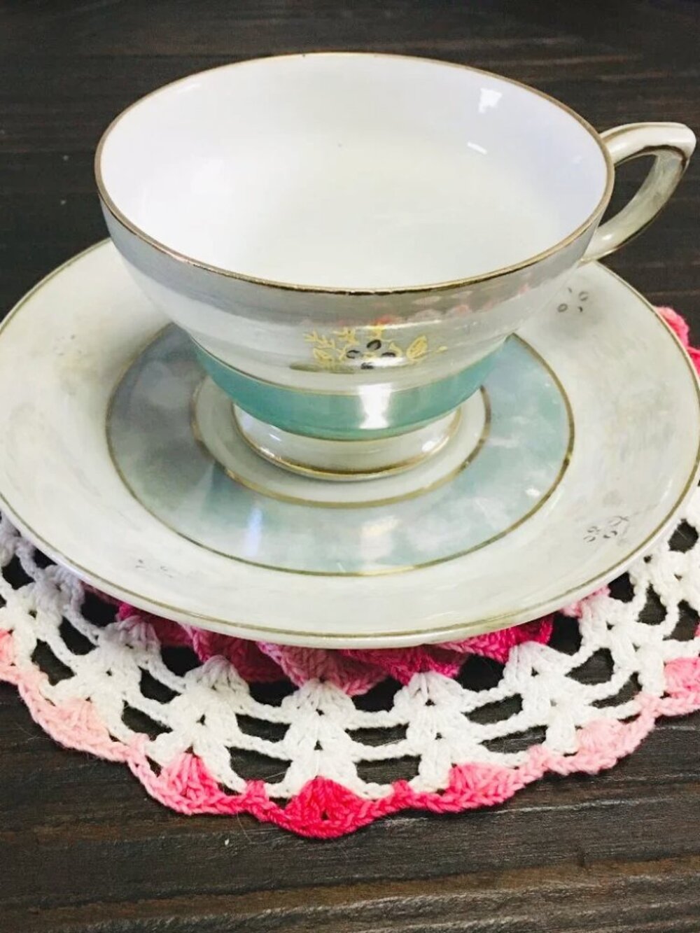 Diamond Mermaid Lusterware Iridescent Korean Teacup Saucer Gold Rim Vaporwave